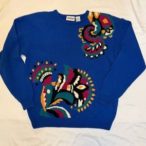 Vintage 90s Suburbans Royal Blue Graphic Knit Sweater Maximalist Grandmacore S